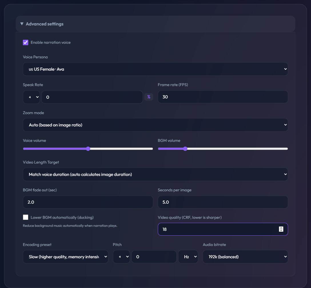 Ava voice and automatic zoom settings in OnceClip