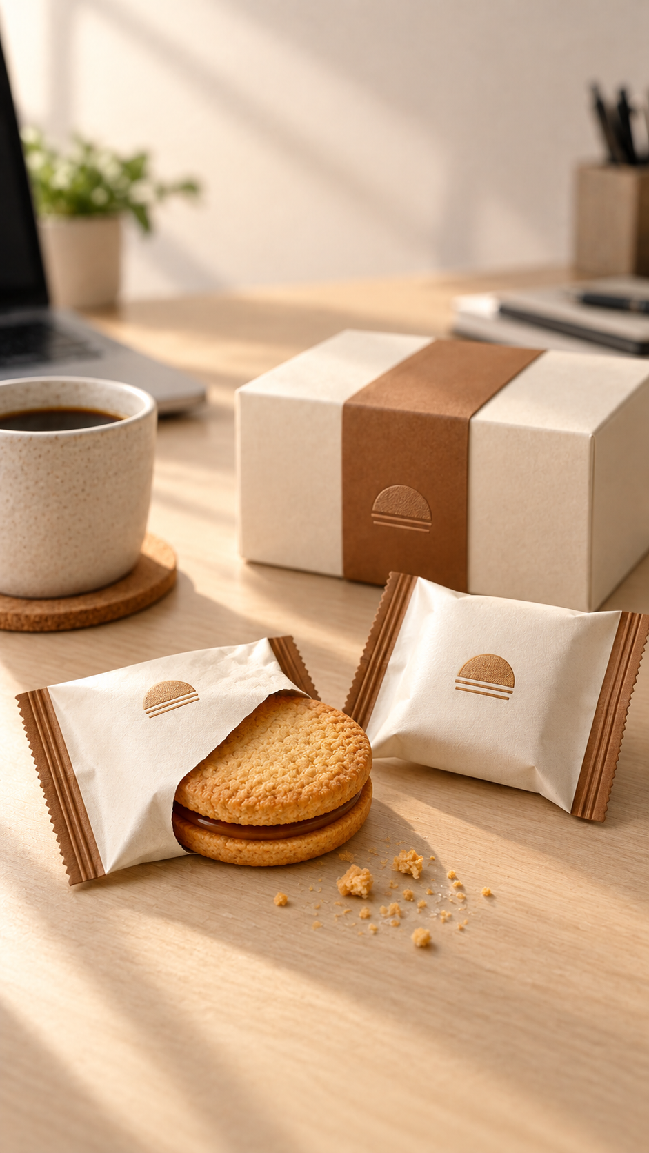 办公桌上的单包焦糖海盐曲奇